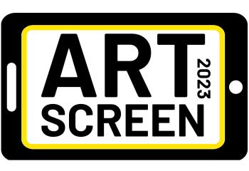 A black and white tablet with the words ARTSCREEN 2023 in a yellow border