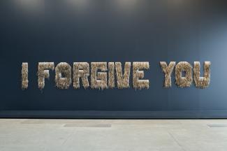 Bindi Cole, Wathaurung people, I forgive you (installation view), 2012. Emu feathers on MDF board, 11 pieces: 100 x 800cm (installed, approx.). Purchased 2012. Queensland Art Gallery Foundation. Collection: Queensland Art Gallery. Photograph: Natasha Harth, QAGOMA. © Bindi Cole Chocka/Licensed by Viscopy, 2014.