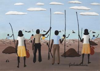 Dick Roughsey OBE, Fishing at Big Bay, Mornington Island, 1983. Oil on masonite panel, 25 x 36cm. Courtesy Jan Manton Art and QCA Gallery, Griffith University. 